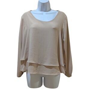 Zara Basic Women Beige Long Sleeve Double Layered Bell Hem Tunic Blouse Top XL